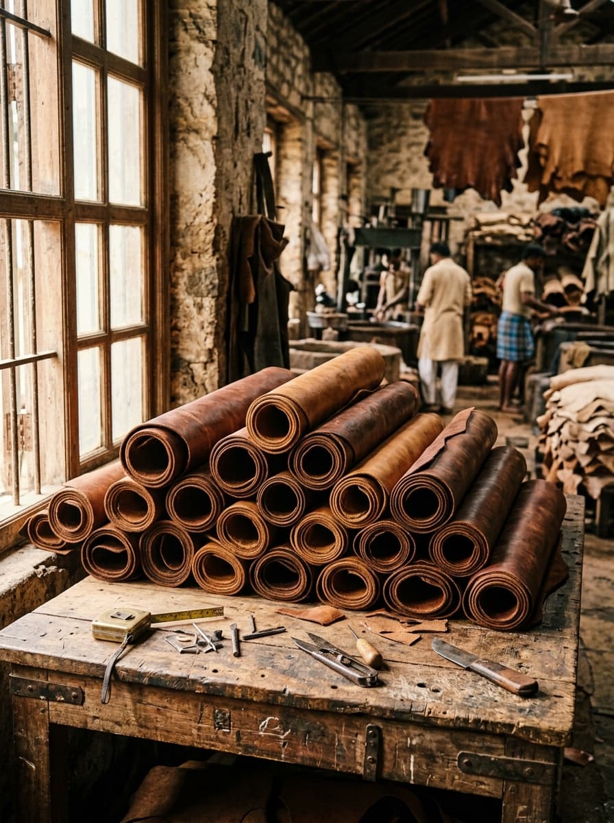 Rolls of premium finished leather hides in a modern tannery