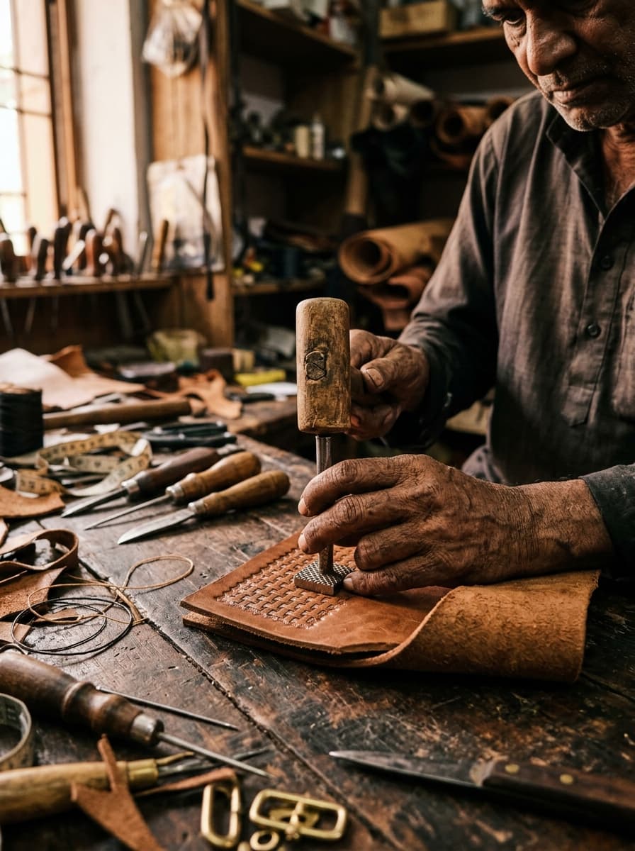 Artisan hands working natural leather with traditional tools